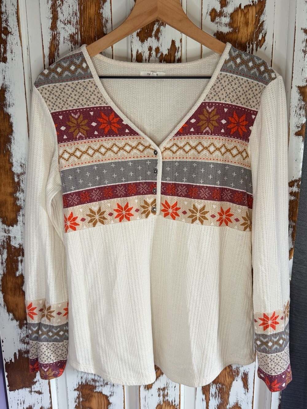 Maurices Ivory Fair Isle Henley Long Sleeve Waffle Knit Top Size L Cottagecore